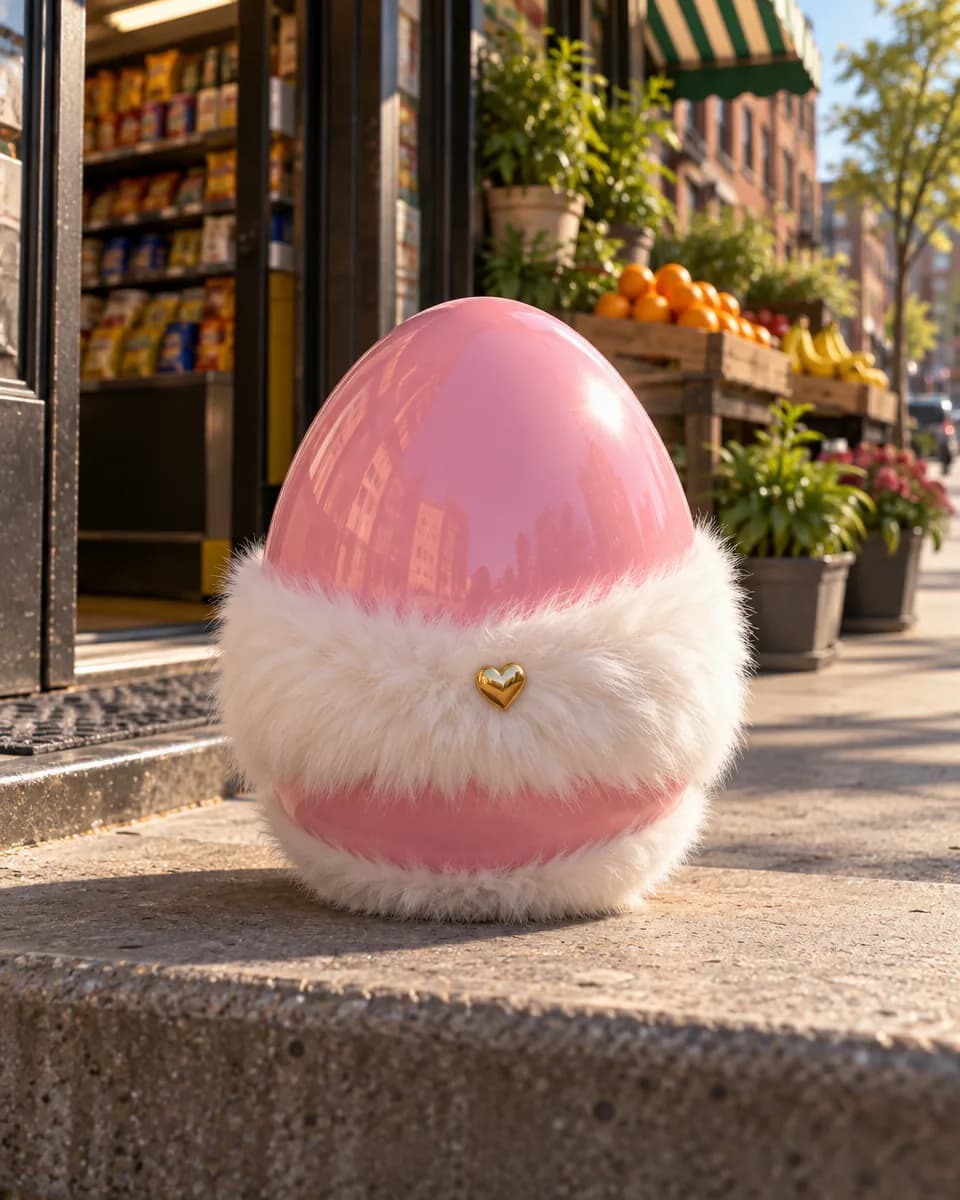 The Corner Egg, glossy pink with a white fur band and tiny gold heart, resting on a bodega step.