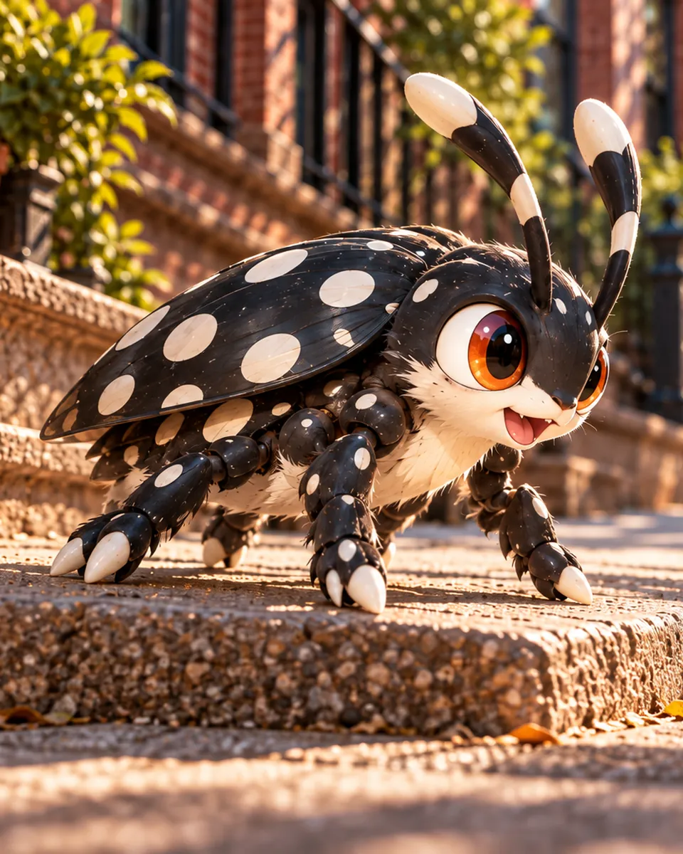 Fye Dot, a glossy black hopper Mon with white polka dots and black-and-white striped antennae, crouched on a sunny brownstone stoop.
