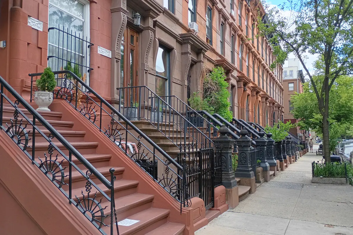 A row of Harlem brownstones with high stoops and black iron railings running down a tree-lined sidewalk