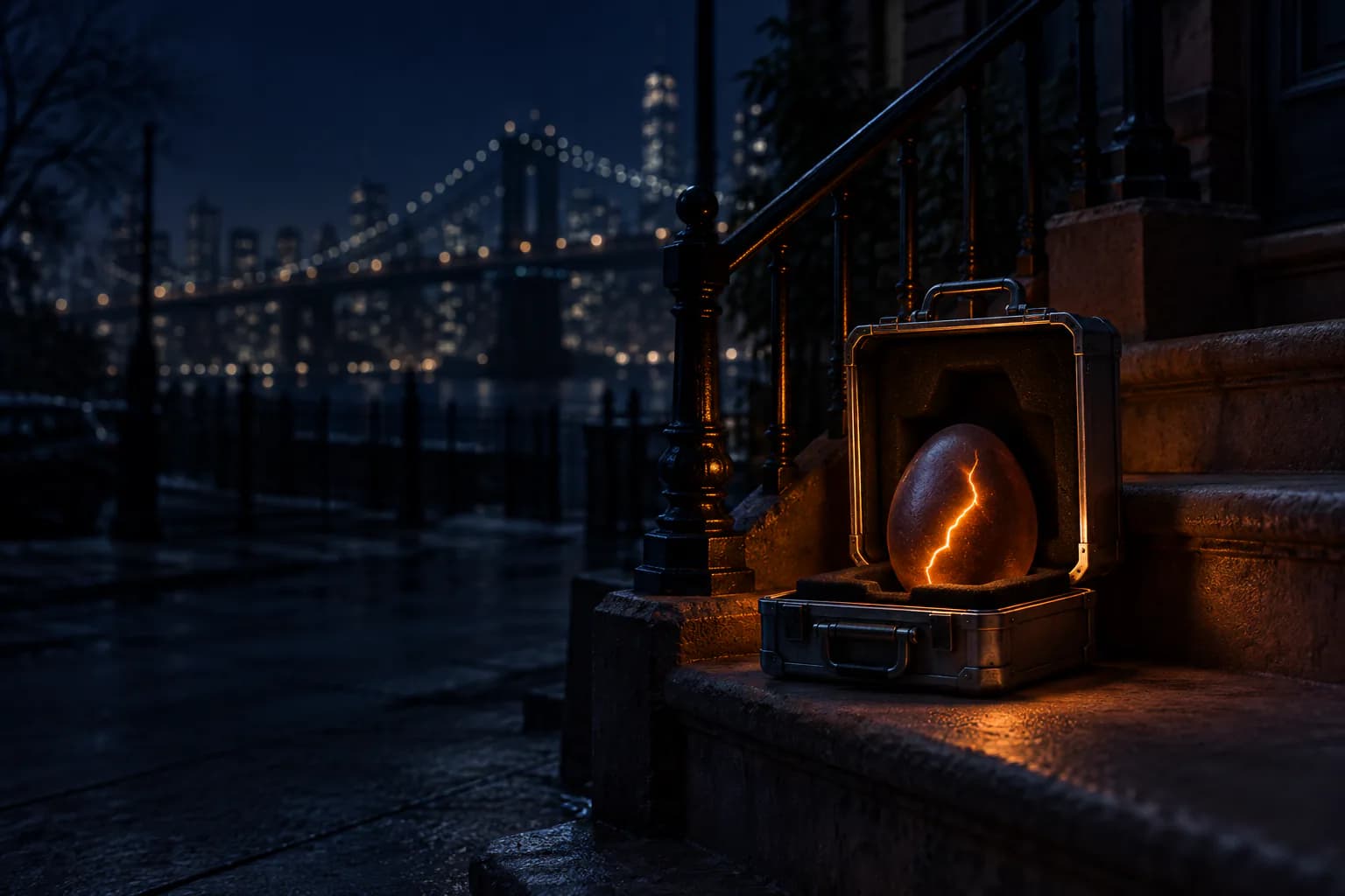 Night on a Harlem stoop: an egg in an open metal case, a thin shell crack glowing orange against a blurred skyline.