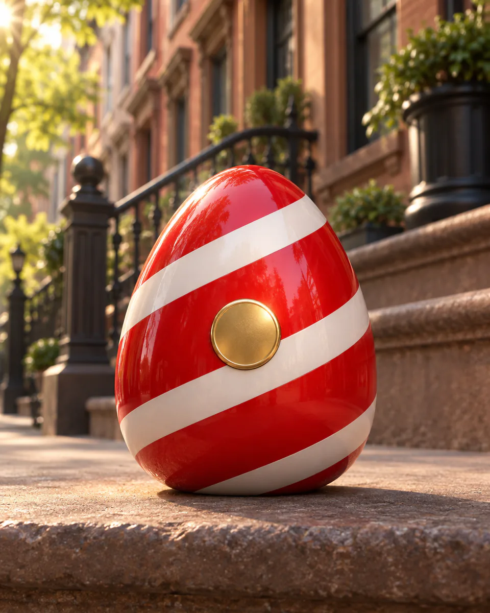 The Metro Egg, glossy red with white diagonal stripes and a gold inset, on a Harlem brownstone step.