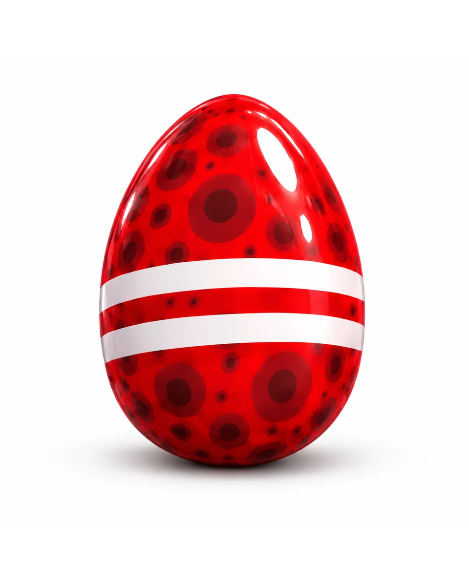The Signal Egg, glossy red with dark red polka dots and two white bands, on a white background.